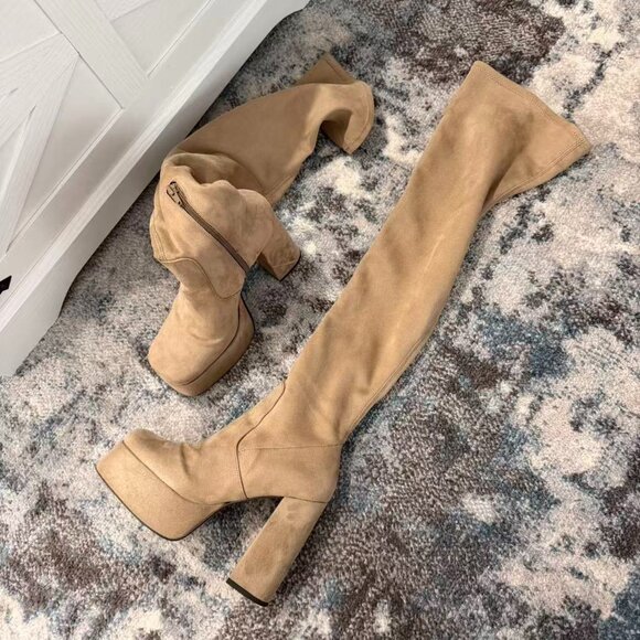 Taupe Suede Over-the-Knee Platform Heel Boots - Picture 1 of 4